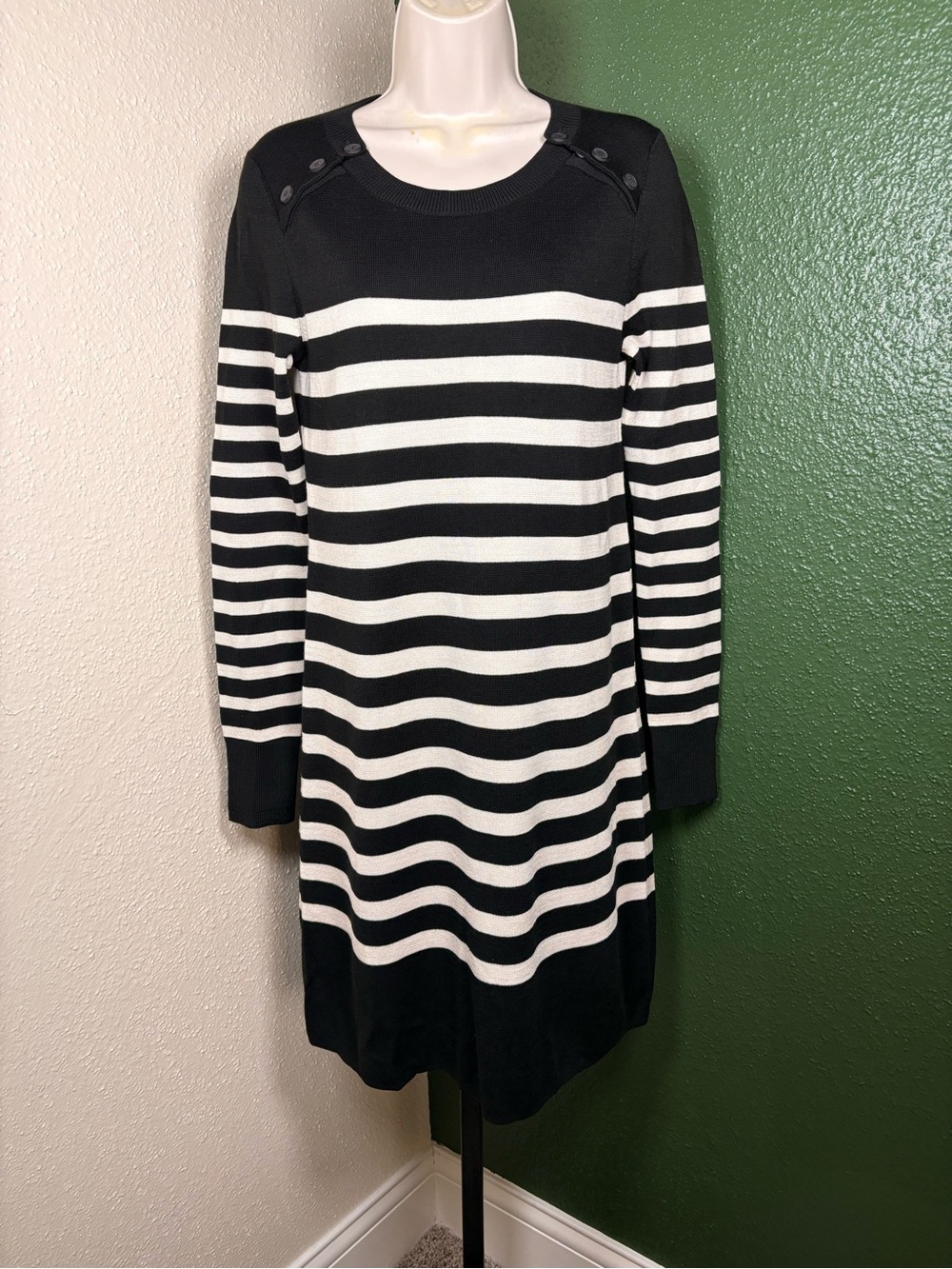 LOFT Black and White Striped Long Sleeve Knit Dress